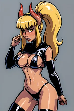 Um succubus com lingerie de couro de corpo inteiro e cabelo loiro brilhante posou para a câmera, seus olhos brilhavam vermelho e seus alunos eram fendas amarelas. Sua pele era lisa e brilhante como porcelana, mas parecia que poderia ser