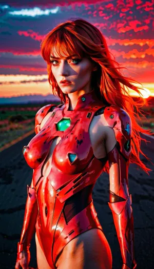 Asuka Langley Soryu, the brave pilot of Evangelion Unit-02, stood in front of a holographic image of a woman with red hair and glowing eyes. The woman's face was twisted into a menacing grin as she held up