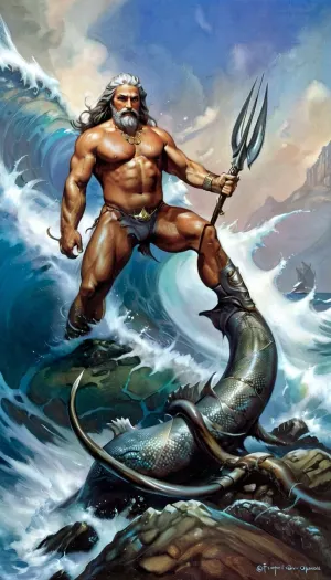 Poseidon, deniz elementinin tanrısı, güçlü dalgalar ve trident için biliniyordu. Bir kas inşa ve kısa gri saç vardı. Gözleri maviydi ve başında altın bir taç giyiyordu. Sık sık sık sıktı