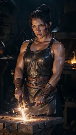 Кузнец был тяжело на работе, убираясь на коврик с ее светящейся жарой. Ее мышцы были напряженными, и ее лицо было установлено в концентрации, когда она работала над созданием красивого меча. Несмотря на пот на брови, она была полна решимости