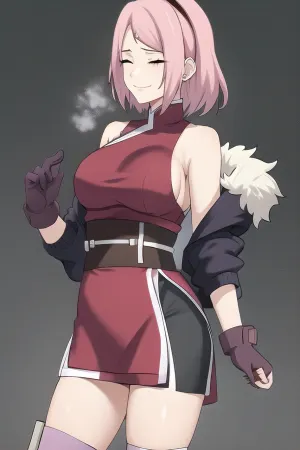 O último, um habilidoso kunoichi de Konohagakure, era conhecido por sua força e habilidade em batalha. Ela usava um vestido de qipao sem mangas com guarnição preta e pétalas de sakura decorando as bordas. A testa