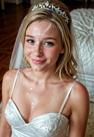 3/4 body shot of happy blonde 18yo woman wearing wedding dress with cum on her forehead, facial, <lora:Facials:.5>, big tits