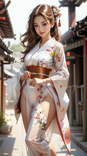 一个棕色眼睛和棕色头发的少女站在一家日本服装店前,欣赏展示中的和服. 她不禁注意到一个特别的和服升降机的激光般的焦点,似乎在盯着它看