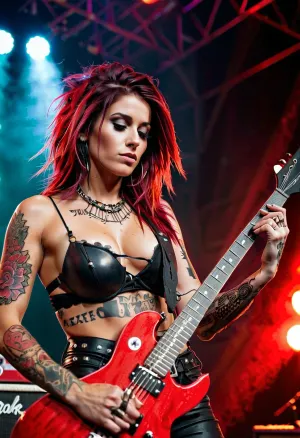 Un punk rocker con largo pelo desordenado, usando un cuerpo punk rocker sexy, tocó la guitarra en el escenario con una imagen HD de alta calidad mostrando sus curvas y tatuajes