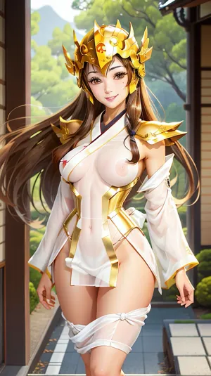 사진의 소녀는 갈색 옷과 Piscesarmor 소송으로 흰색 기모노를 입은 것입니다. 그녀의 황금 헬멧을 공개합니다. 그녀는 그녀의 유카타를 보유하고있는 그녀의 허리 주위에 삽을 가지고, 그녀의 부드럽고 사기그릇을 밝혀