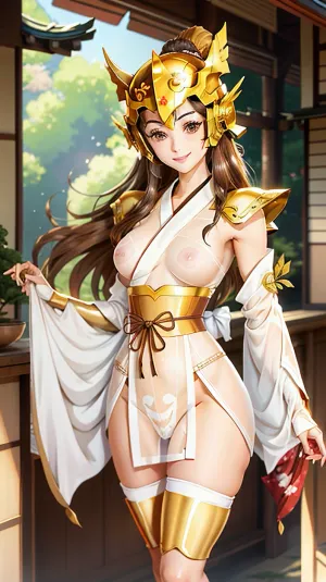 소녀는 거울 앞에 서서 그녀의 황금 장갑을 감은 그녀의 흰 팬티와 sash를 드러내는 유카타를 들었습니다. 그녀는 그녀의 헬멧에 넣어 그녀의 황금 피부와 미소를 밝혀 obi를 들어