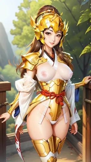 갈색 눈과 황금 머리를 가진 소녀는 구경꾼의 앞에 서서, 그녀의 매끄러운 피부를 드러낸 obi 및 그녀의 허리를 단단히 흠뻑 취한 기모노 리프트를 착용했습니다. 그녀는 그녀의 허리 주위에 sash를 가지고, 그녀의 모유는 통해 볼