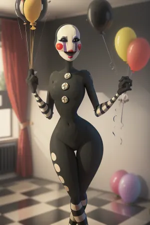 woman, puppet, solo, (Hourglass body figure), holding balloons, big birthday cake, checkered floor, masterpiece, best quality, <lora:puppet-10:1>