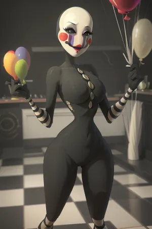 woman, puppet, solo, (cleavage), (Hourglass body figure), holding balloons, big birthday cake, checkered floor, masterpiece, best quality, <lora:puppet-10:1>