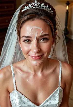 3/4 body shot of happy woman wearing wedding dress with cum on her forehead, facial, <lora:Facials:.5>