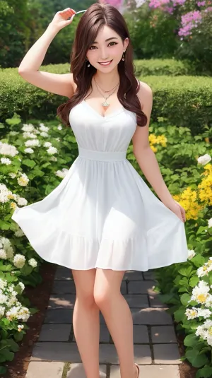 Una donna in un abito soffice e setoso si trovava nel giardino, le sue delicate caratteristiche accentuate dalle sue simmetriche caratteristiche facciali e dai capelli retti. Le sue labbra più piene e il corpo in vetroresina aggiunto alla sua bellezza generale, mentre l'atmosfera serena del