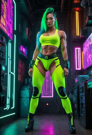 full-body photo of a sexy fit green-haired chinese, ((muscle girl)), in a, (((tight neon cyberpunk street clothes))), standing in her cyberpunk future apartment with a view of the futuristic city, (((huge muscular legs:1.4))), combat boots, ((straight hair)), cybernetic eyes, seductive gaze, sexy abs, (((sexy perfect six pack abs:1.4)))
