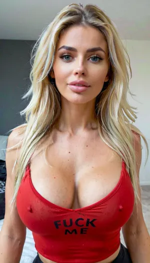 The fitness model with perfect body and blonde hair was on her knees, looking up at the viewer. Her breasts were exposed, and she had a perfect body. She wore a red top with 'FUCK ME' in black writing on it, which
