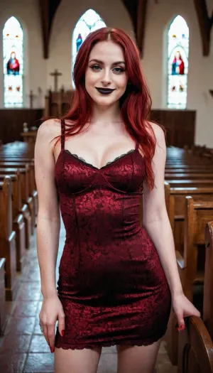La pequeña punk rock chica posó para una foto delante de la iglesia, su figura delgada acentuada por su pequeño vestido rojo brillante. Su foto de longitud completa fue capturada perfectamente, y su cara angular fue resaltada por el tono perfecto de la piel de la cámara