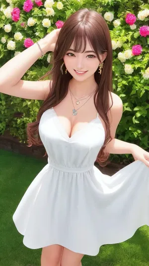 La donna in giardino era una bellezza simmetrica con figura in vetroresina, seni naturali, capelli dritti e occhi simmetrici che ha reso il suo look intelligente