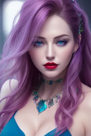 (8k, RAW photo, best quality, masterpiece:1.4), realistic, (lips closed), young adult young adult young adult girl, solo, heterochromia, blue eyes, looking at viewer, jewelry, violet hair, lips, zoom in on face, hair ornament, hair between eyes, red lips, ponytail, neon lights, closed mouth