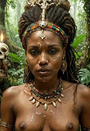 woman, ((african voodoo priestess)), (cum on face:1.4), glowing magic aura, ancient jewlery, jungle, skulls and bones, <lora:Facials:.7>, <lora:xl_more_art-full_v1:.7>