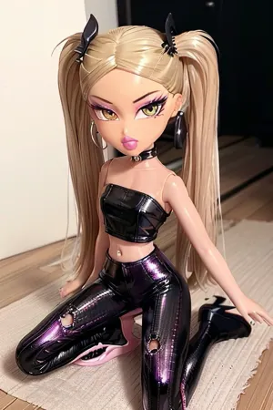 详细描述一个长着大眼睛和粉红色口红的女人,穿着粉红色的平台高跟鞋,Satin camisole,还有皮肤晒黑的黑皮腿. 她四下都带着她的尾巴和狗式