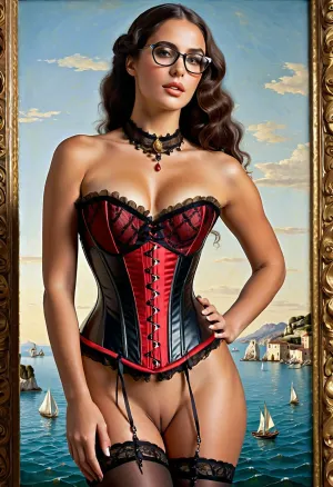 masterpiece, Renaissance painting, standing Venus floating in a shell, (main character), repeats the plot of Botticelli’s painting, frontal, body aesthetics, aerial perspective, golden ratio, Classic painting. young Italian woman, aged 20. She is nude. Her hair is black and tied in a bun. Her skin is tanned and shiny. She wears black fishnet stockings, (wears glasses), ((wears a black and red BDSM outfit, corset, visible breasts, breasts in the air)), wears a black BDSM necklace, Her visible breasts are of medium size. Her nipples are large and erect. Her waist is slender and her round buttocks are medium-sized. Her mouth is half-open, with an expression of pleasure on her face.