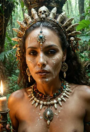 woman, ((voodoo priestess)), (cum on face:1.4), glowing magic aura, ancient jewlery, jungle, skulls and bones, <lora:Facials:.5>, <lora:xl_more_art-full_v1:.7>