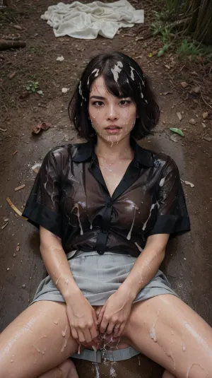 (Lisa blackpink woman), ((Short bob hairstyle with see-through bangs)), ((Making a painful sleeping face)), (4boys), ((Unbutton shirt, black skirt)), ((Lie down, pass out.)), (HDR photo), best quality, ultra-detailed, masterpiece, finely detail, highres, 8k wallpaper, photorealistic, (high detailed skin), (high detailed clothes), 8k uhd, dslr, high quality, detailed skin texture, (highly detailed hair), highly detailed body, pussy visible, pants removed at the ankles, clothes covered in semen, 50 people had just been raped, pussy wide open, ((a forest place. The floor was very dirty)), she had been raped, (soiled, body, cloth:1.2), hair dirty, (only wet hair), I have hair covering my face., cum in pussy, Hair dirty, ((There are men masturbating around.)), (((cum, on, face, body, cloth, skirt))), cumhair, cumshot, realcumAI, (face, covered, in, semen, woman), bukkake, grabbing, another's, hair, hand, in, on, head, grab, (semen, flow, in, mouth, face), <lora:bukkake_1:.75>, <lora:Cumhair_SD15_V1:.75>, <lora:bukkake_v0.4:.5>, <lora:grabbing_anothers_hair_v0.2:.6>
