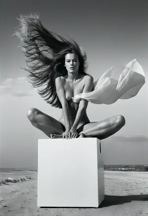 A fotografia minimalista preta e branca de Robert Mappletorp captura uma garota nua sentada em um cubo branco, mostrando seu corpo em plena visão frontal. A textura do cubo acrescenta à sensualidade da imagem, tornando-se uma escolha ideal para