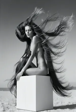Photographer Robert Mappletorp, black and white photography, naked girl full body sitting on white cube, black and white artistic classic photography, very minimalistic style, simple pose, gray background, art photo, hasselblad camera, (very long hair blows in the wind:1.8)