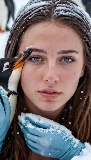 Best photo of, Ultrarealistic, 18yo girl naked, covered in liquid melting snow, detailed face, perfect face, lying in snow in mountains, gloves, many penguins