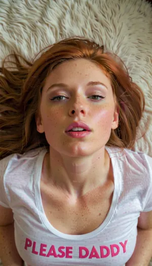 女子跪在镜头前,面部画一幅欲望肖像. 她的嘴唇分开了,眼睛也闭上了. 她穿着白色T恤,膝盖上写着粉红色写作的"请爸爸"字样. 