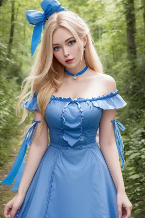 Alice im Wunderland war eine Frau mit langen blonden Haaren und einem blauen Bandkleid. Sie hatte riesige bild-perfekte Brüste, die als sie ging