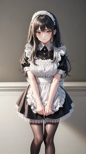 女佣,一个24岁身材的年轻成年女孩,站在厨房里,穿着自己的衣服。 她穿着女仆的衣服和围裙 她的头发被绑在包子上,她挤压