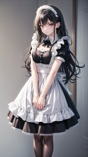 女佣,一个长头发,眼睛宽的年轻成年女孩,站在厨房里。 她穿着女仆的衣服和黑袜子. 她的脸很严重,因为她把自己的乳房挤压在厨房的背景之下. 那个