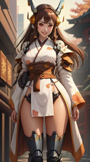 Kahverengi gözlü kız ve kahverengi saç beyaz panties ve sash'ı gösteren bir kimono asansör giyiyordu. Onun göğsünde mecha musume bir resmi vardı ve bir DRK_ Glam mekanik