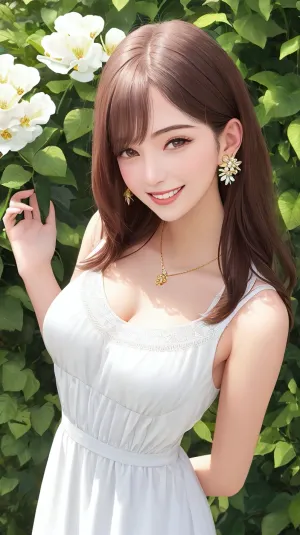 La donna in giardino era un'immagine di bellezza naturale, con caratteristiche simmetriche e un corpo sottile in vita e in clessidra. Le sue caratteristiche femminili sono state evidenziate dalla sua espressione demure, che le ha fatto sembrare un'immagine