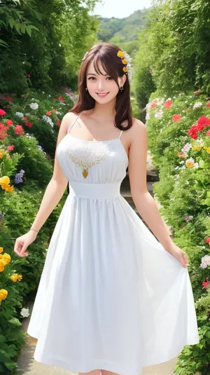 La donna in giardino indossava una collana d'oro e orecchini, la sua vita sottile accentuata dal suo corpo in clessidra. Le sue delicate caratteristiche sono state evidenziate dal suo volto simmetrico, dall'immagine completa del corpo e dal seno simmetrico. Aveva i capelli dritti