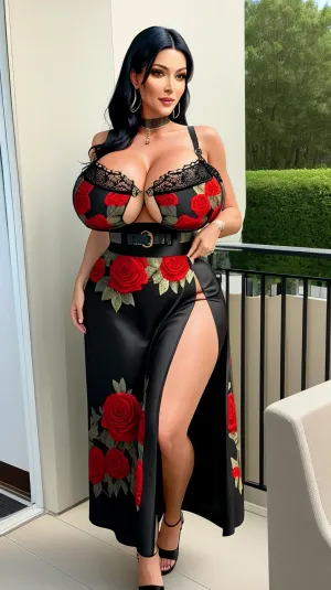 A woman in her 40s with a big boobs, huge pose, and grey eyes is wearing an iron garterbelt. She has a huge pose with her black hair and floral embroidery on the fabric of the garterbelt