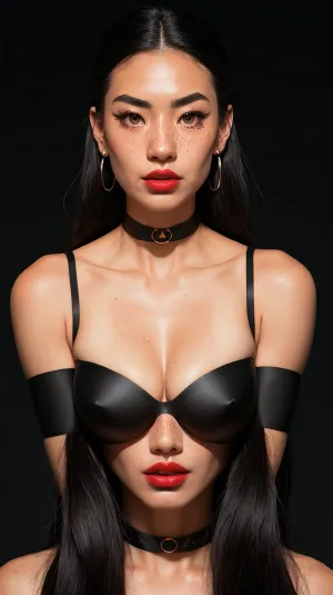 sam yang, 1girl, backlighting, bare shoulders, black choker, blurry, blurry background, blush, breasts, choker, cleavage, closed mouth, collarbone, earrings, forehead, freckles, hair over shoulder, jewelry, long hair, looking down, pointy nose, red lips, shadow, solo, thick eyebrows, thick eyelashes, upper body, white hair, ((masterpiece)), <lora:sam_yang_offset_right_filesize:.5>