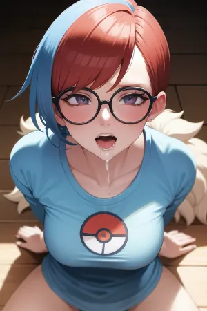 masterpiece, best lighting, 1 girl, penny, pokemon, blue and red hair, hair, glasses, blowjob, sucking dick, cumshot, facial, cum on face, emberassed, <lora:penny-10:.5>, <lora:cumfacial55_v2:.5>