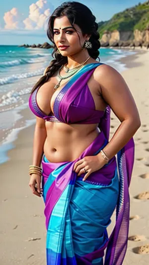 La femme se tenait sur la plage, son corps couvert d'un mince sari. Elle avait de longues tresses et un corps épais, avec des seins moyens et des seins exposés. Ses cheveux étaient fixés dans un style topless, révélant son nombril large et