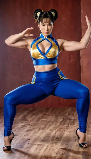 Чун Ли, потрясающая азиатка с курящей фигурой и длинными волосами, носит черный костюм, который подчеркивает ее зрелый внешний вид