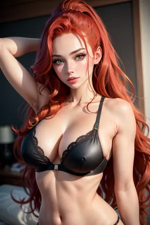 woman, extreme Close up, Portrait, beautiful red haired french instagram model, 25 years old, happy, perfect, slim e body. pulling down her black satin bra to reveal c cup breasts, (long bright red wavy hair), hair half up half down, perfect face, eye contact, perfect eyes, gorgeous, sexy, sensual, seductive eyes and look, pulld