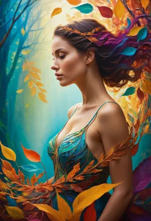 woman, Woman 20
An abstract female form that defies conventional imagery, embodying concepts never before imagined. The character is composed of swirling, vivid colors that form a loose silhouette of a female figure. These colors blend and shift, creating a dynamic and constantly changing appearance. Elements of nature, such as leaves, water, and light, are intricately woven into her form, suggesting a deep connection with the environment. The background is equally abstract, with a gradient of surreal colors that enhance the mysterious and otherworldly vibe