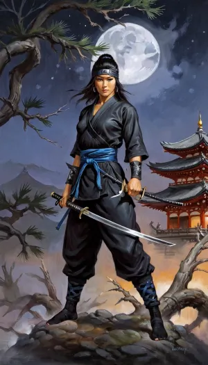 鲍里斯·巴列霍的杰作通过对穿着忍者服装的女子精准而优雅地掌握卡塔纳的精湛的描绘,抓住了日本文化和传统的精髓. 照片由优质材料制作,包括日本松树枝