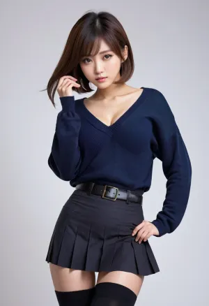 The AI generated a high-quality photo of a Japanese woman with her hair in a high ponytail, wearing an anime-style white sweater and black skirt. Her face is full of beauty, with big eyes and full lips. She has perfect curves