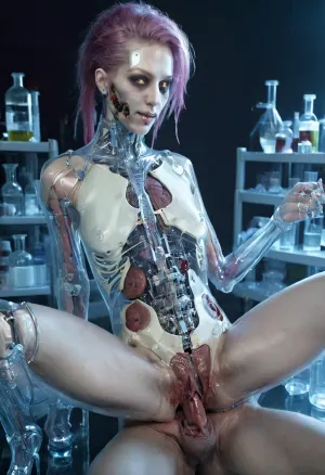 그림에 있는 여성은 긴, 흐르는 머리 및 면도한 몸 있었습니다. 그녀는 높은 품질의 hi-tech 속옷을 착용하고 그녀의 다리가 넓은 개방을 확산과 자신의 거대한 그림 앞에 포즈되었습니다. 카메라 뒤에 남자는 그의