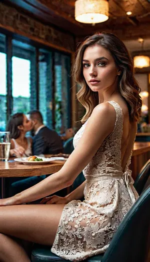 着装的少女坐在一张桌子上,她的腿略微分开,从桌子的边缘从下面看一眼. 她的着装非常细致,专业,具有高分辨率的摄影现实主义. 糒