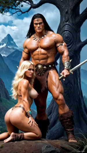 Conan, barbarian, 그가 숲을 통해 청구 한대로 죽은 정밀도와 그의 무서운 칼을 닦았다. 그의 눈은 그의 피부 밑에 rippled 그의 근육 도중 위험의 어떤 표시든지를 위한 나무를 스캔했습니다. 갑자기, 악마의 그룹은에서 등장