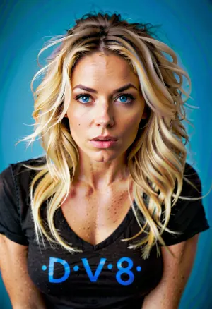 Eine 33-jährige Frau mit unheimlichen Haaren und einem britischen Woodland-Modell auf ihren Knien, die für die Kamera aufgestellt wurden, trug einen schwarzen String mit einem Bild von BLONDE. Sie hatte tiefe Perspektive, dünn Gesicht, lange unheimlich nach