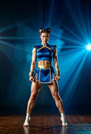 woman, realistic, real photo, materpiece, photorealistic, human, whole bodym full body, Wide view, Chun-li, standed up, looking to the viewer