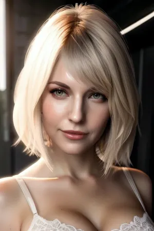 Una splendida opera fotorealistica con una donna in uno sfondo bianco con il reggiseno di capelli dorato e il tono della pelle di metà corpo. L'illuminazione è dettagliata, e il testo sul retro del suo reggiseno legge "Ashley